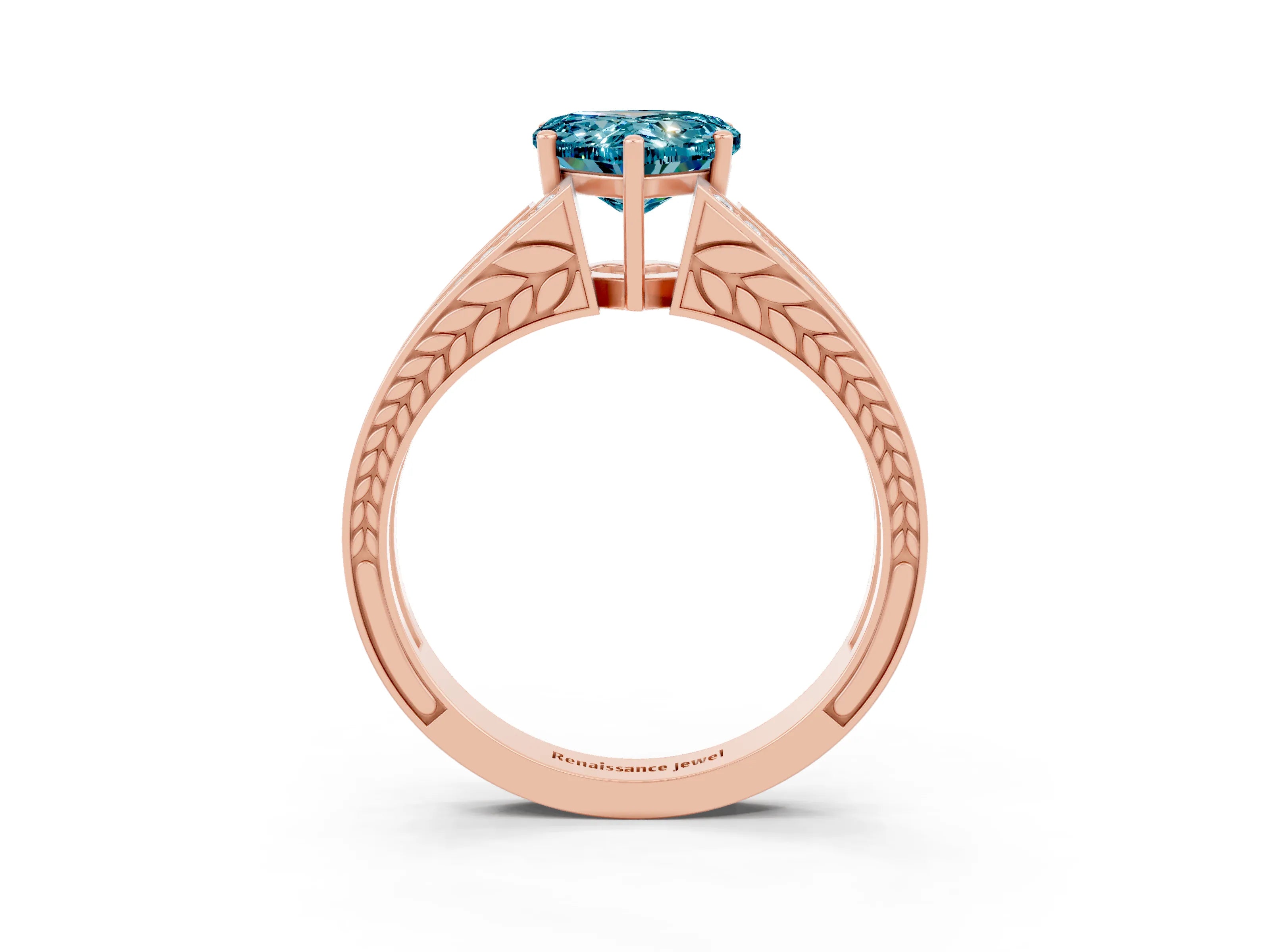Rose gold Heart Cut Blue Topaz Split Shank Ring with Pavé Band and Four-Prong Setting_3