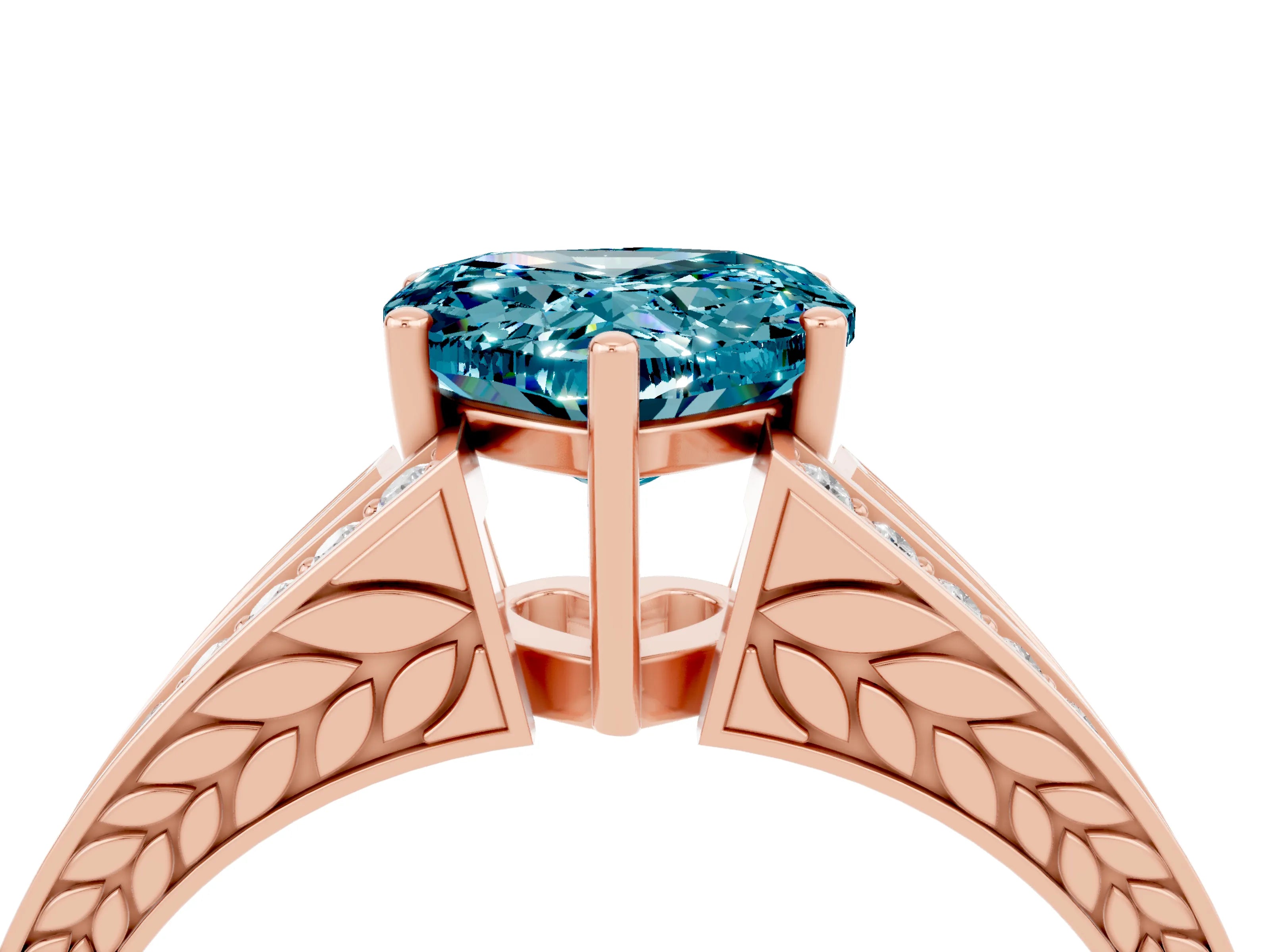 Rose gold Heart Cut Blue Topaz Split Shank Ring with Pavé Band and Four-Prong Setting_4