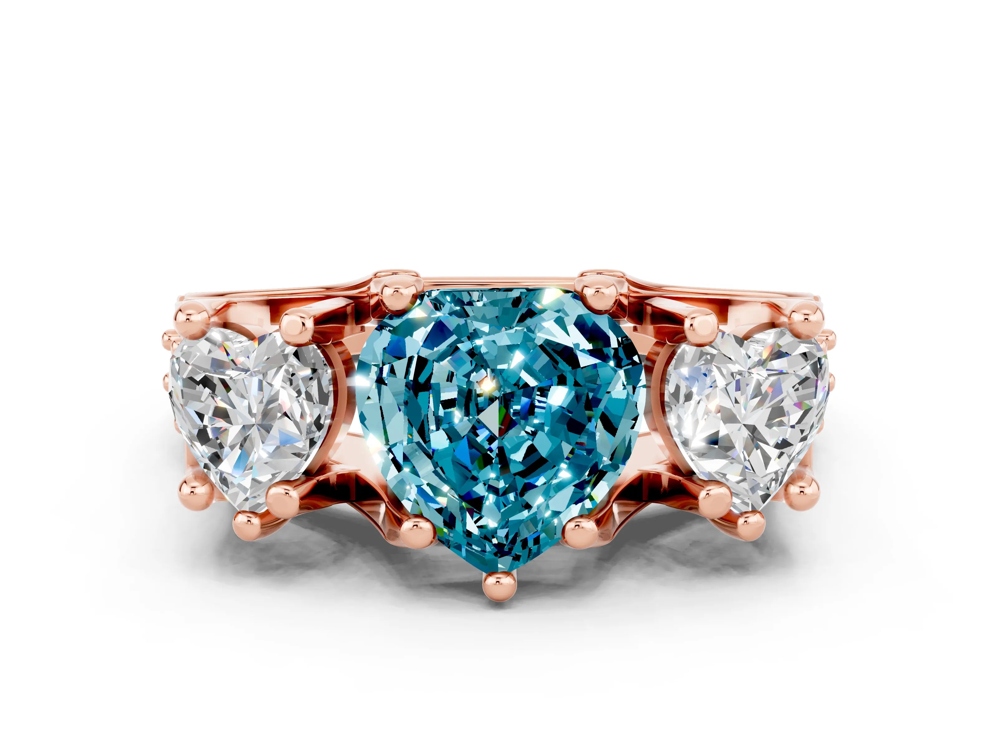 Rose gold Heart Cut Blue Topaz Three-Stone Ring with Channel Set Band and Four-Prong Setting