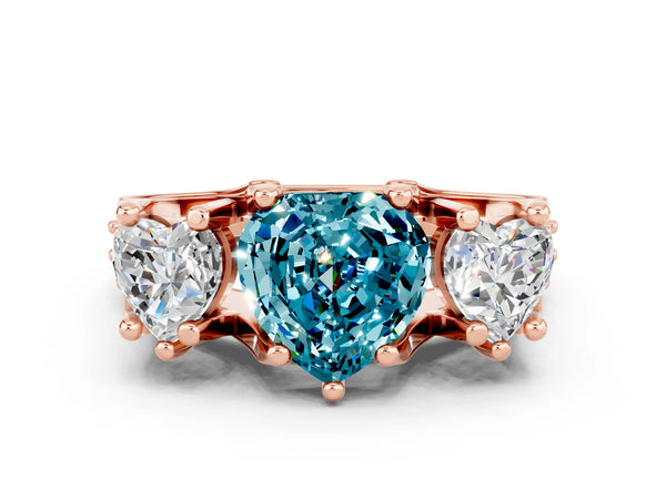 Rose gold Heart Cut Blue Topaz Three-Stone Ring with Channel Set Band and Four-Prong Setting