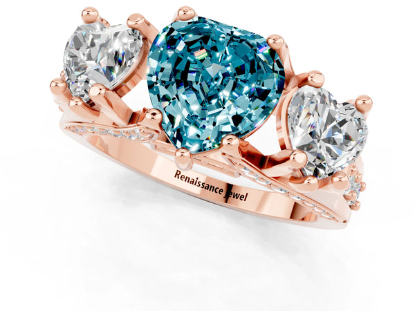 Rose gold Heart Cut Blue Topaz Three-Stone Ring with Channel Set Band and Four-Prong Setting