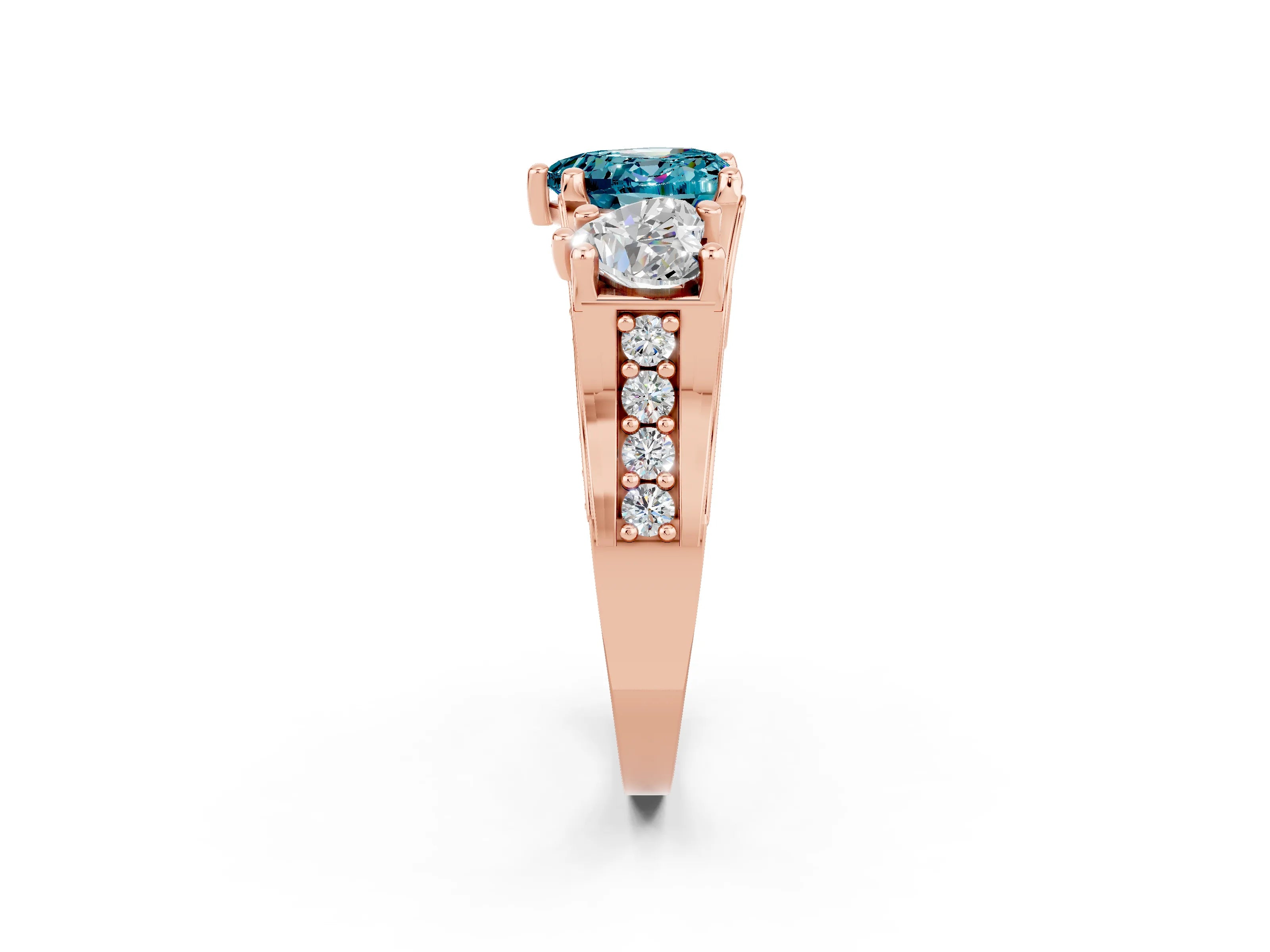 Rose gold Heart Cut Blue Topaz Three-Stone Ring with Channel Set Band and Four-Prong Setting_2