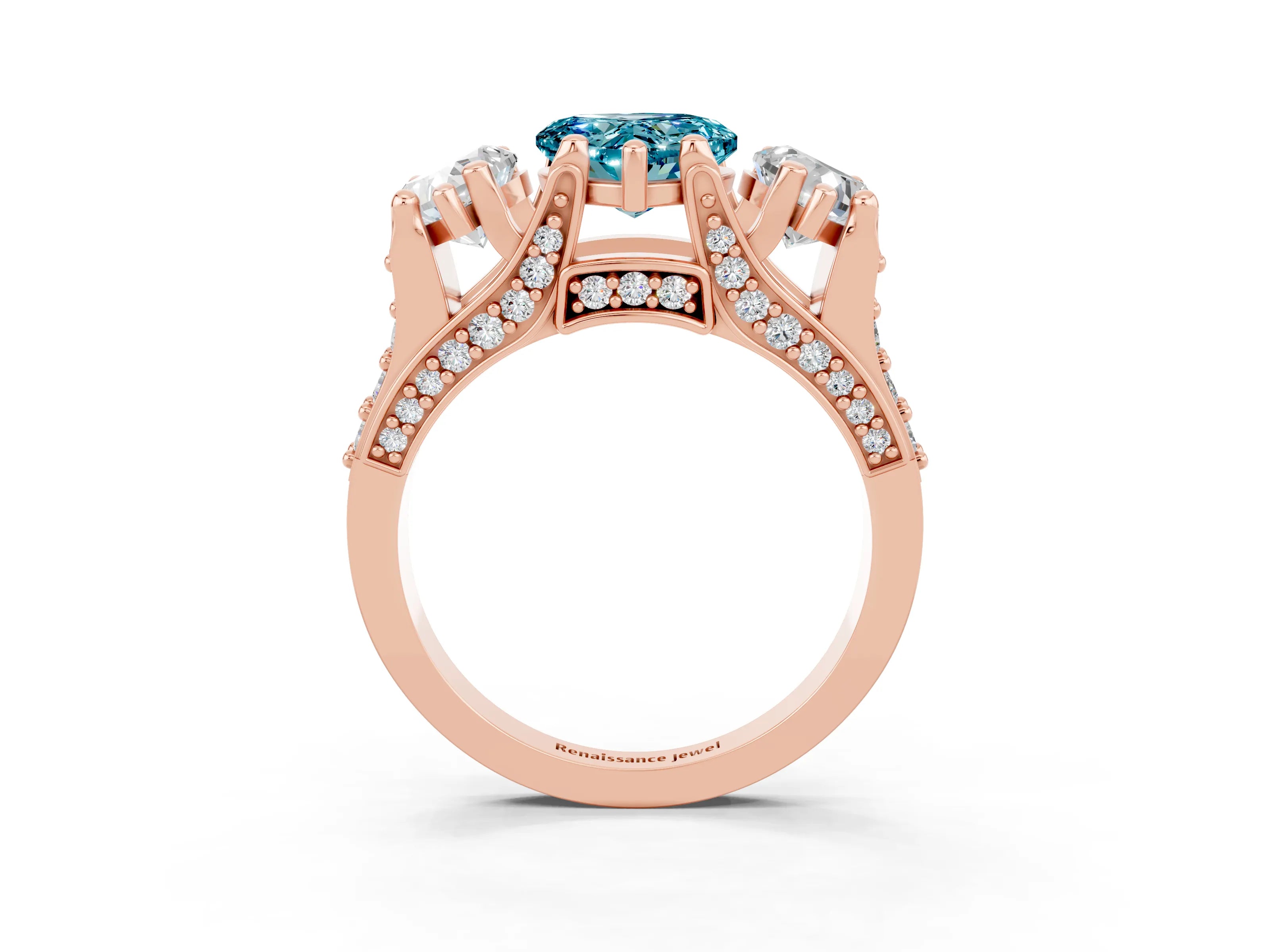 Rose gold Heart Cut Blue Topaz Three-Stone Ring with Channel Set Band and Four-Prong Setting_3