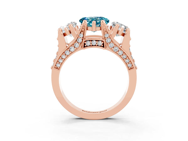 Rose gold Heart Cut Blue Topaz Three-Stone Ring with Channel Set Band and Four-Prong Setting