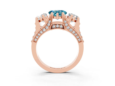Rose gold Heart Cut Blue Topaz Three-Stone Ring with Channel Set Band and Four-Prong Setting_3