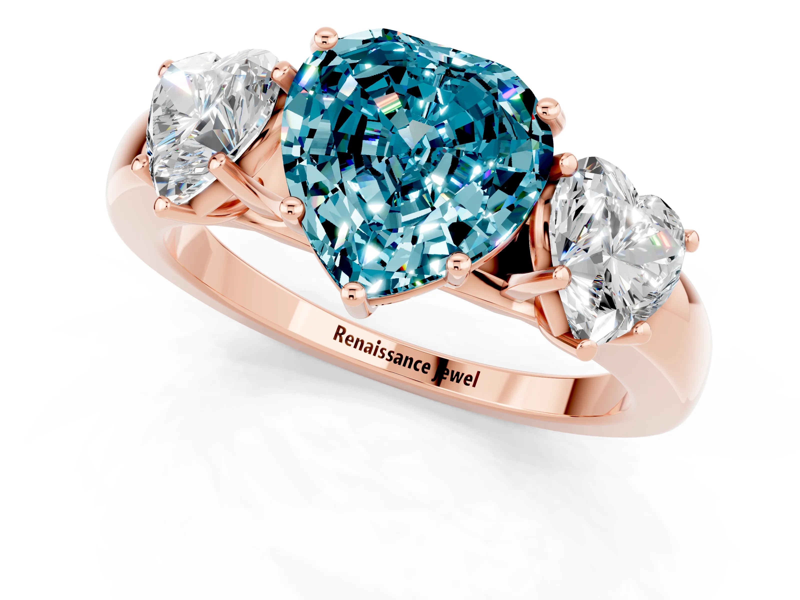 Rose gold Heart Cut Blue Topaz Three-Stone Ring with Four-Prong Setting and Classic Band_1
