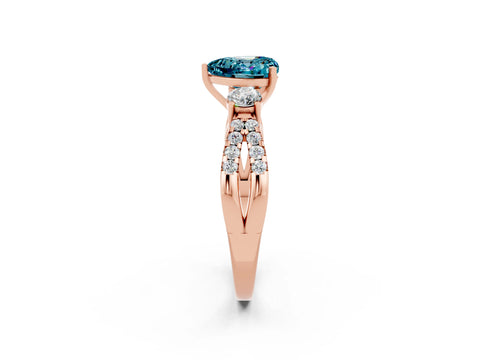 Rose gold Heart Cut Blue Topaz Three-Stone Ring with Pavé Split Shank and Four-Prong Setting_2
