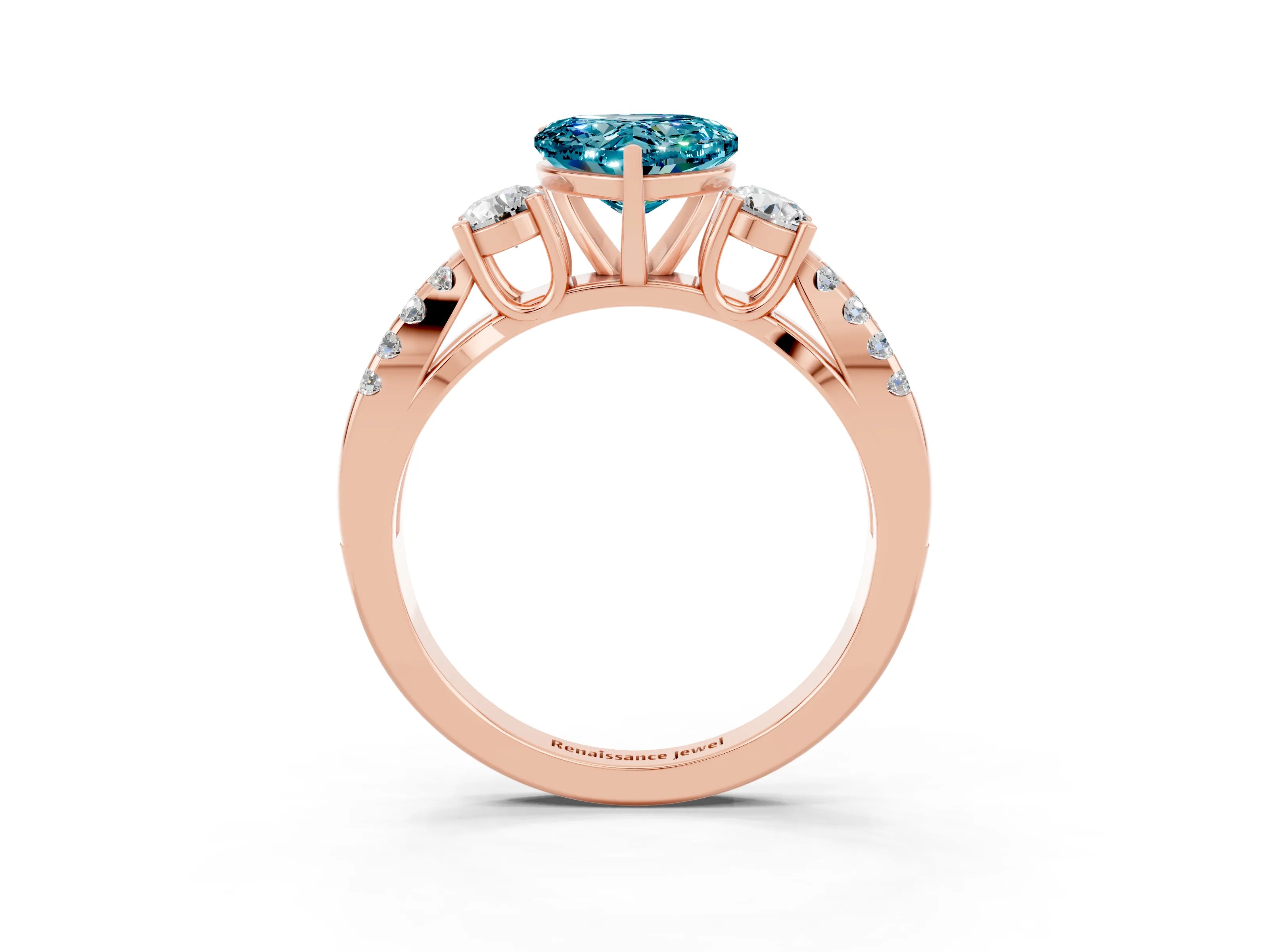 Rose gold Heart Cut Blue Topaz Three-Stone Ring with Pavé Split Shank and Four-Prong Setting_3