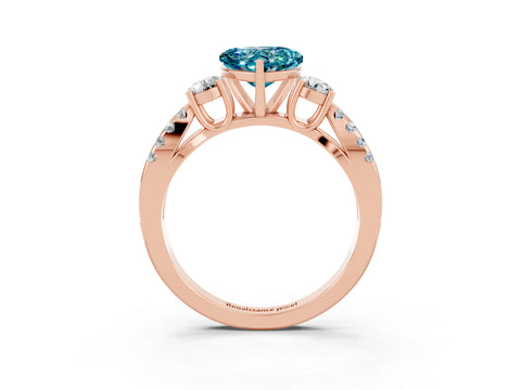 Rose gold Heart Cut Blue Topaz Three-Stone Ring with Pavé Split Shank and Four-Prong Setting_3
