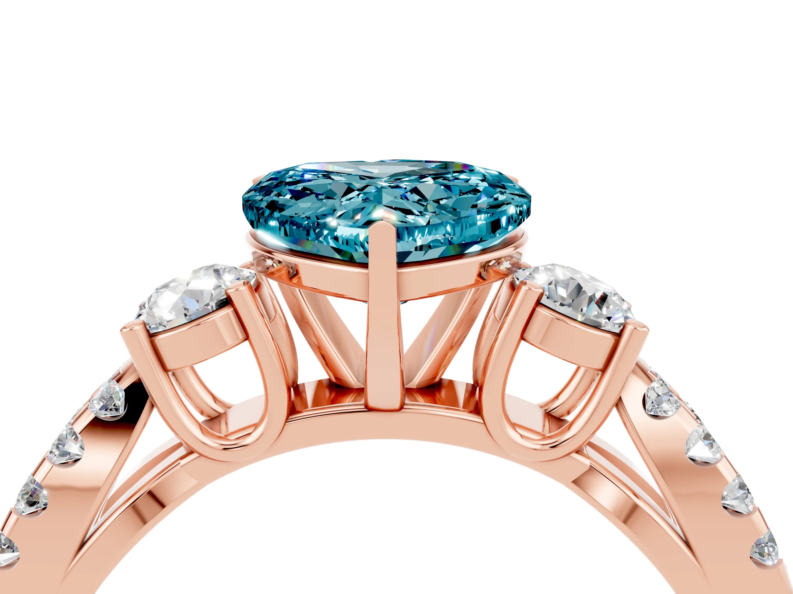 Rose gold Heart Cut Blue Topaz Three-Stone Ring with Pavé Split Shank and Four-Prong Setting_4