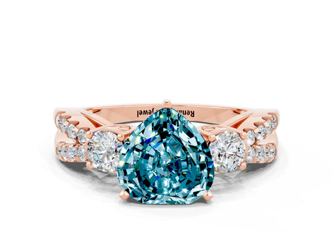 Rose gold Heart Cut Blue Topaz Three-Stone Ring with Pavé Split Shank and Four-Prong Setting