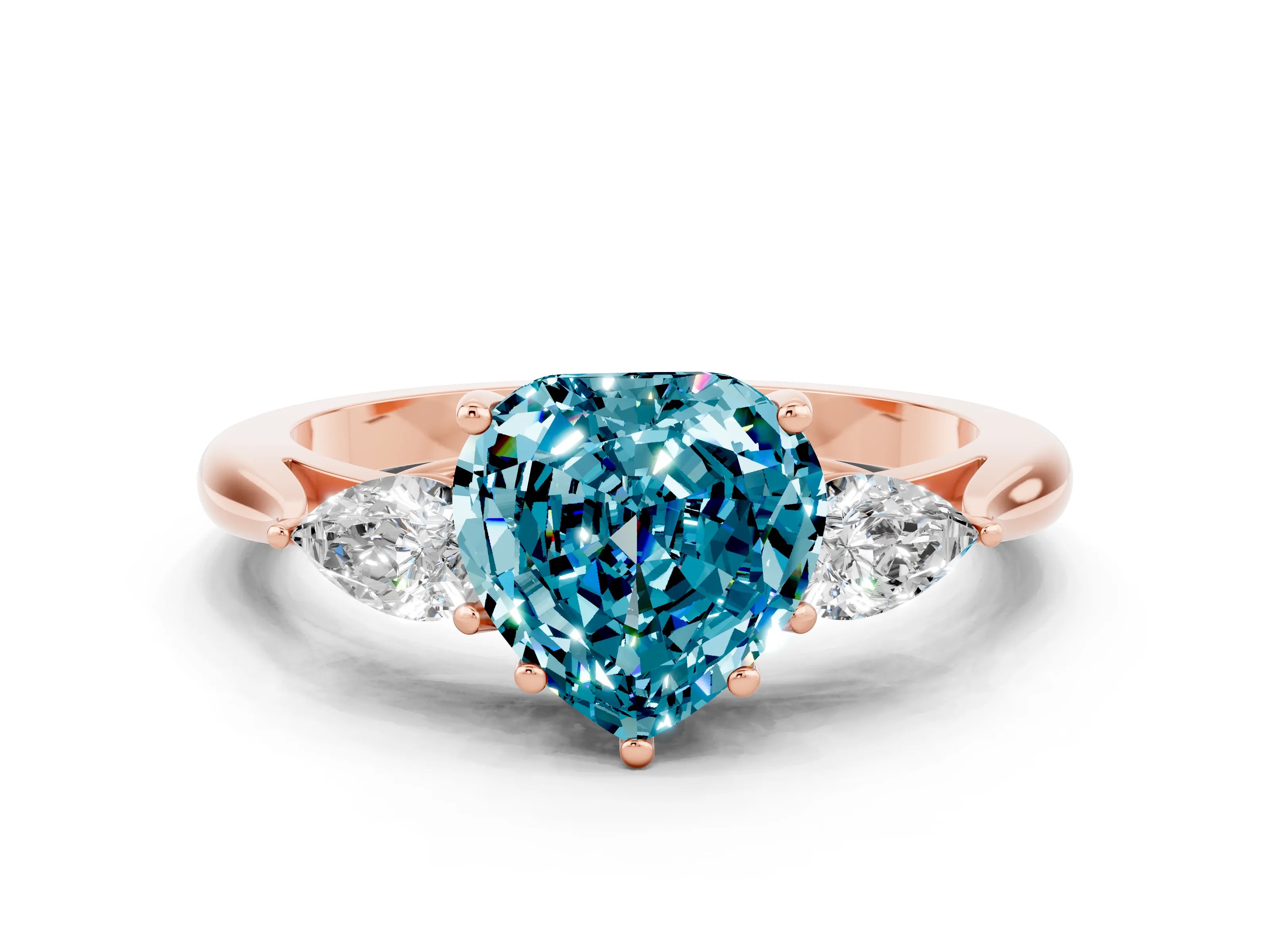 Rose gold Heart Cut Blue Topaz Three-Stone Ring with Pear Side Stones and Four-Prong Setting_12