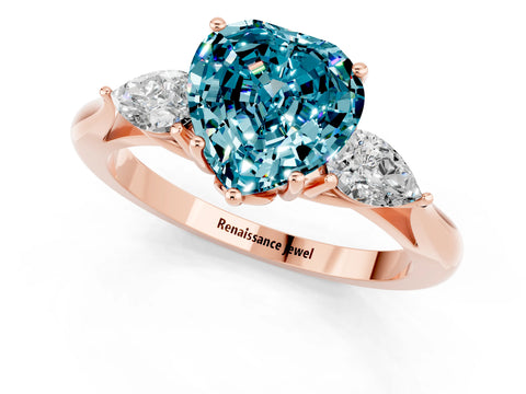 Rose gold Heart Cut Blue Topaz Three-Stone Ring with Pear Side Stones and Four-Prong Setting_13