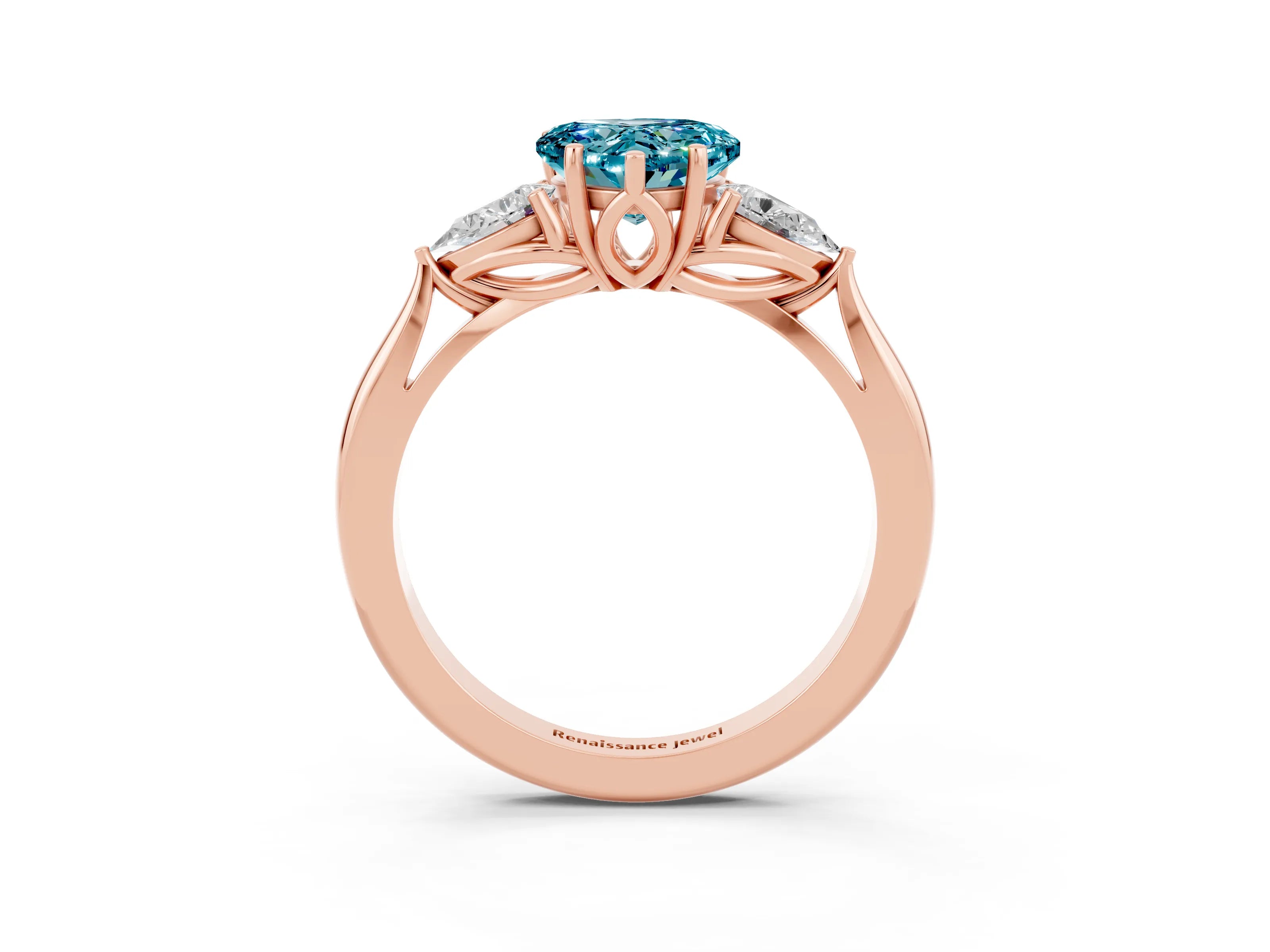 Rose gold Heart Cut Blue Topaz Three-Stone Ring with Pear Side Stones and Four-Prong Setting_15