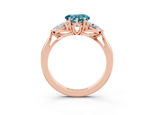 Rose gold Heart Cut Blue Topaz Three-Stone Ring with Pear  Side Stones and Prong Setting
