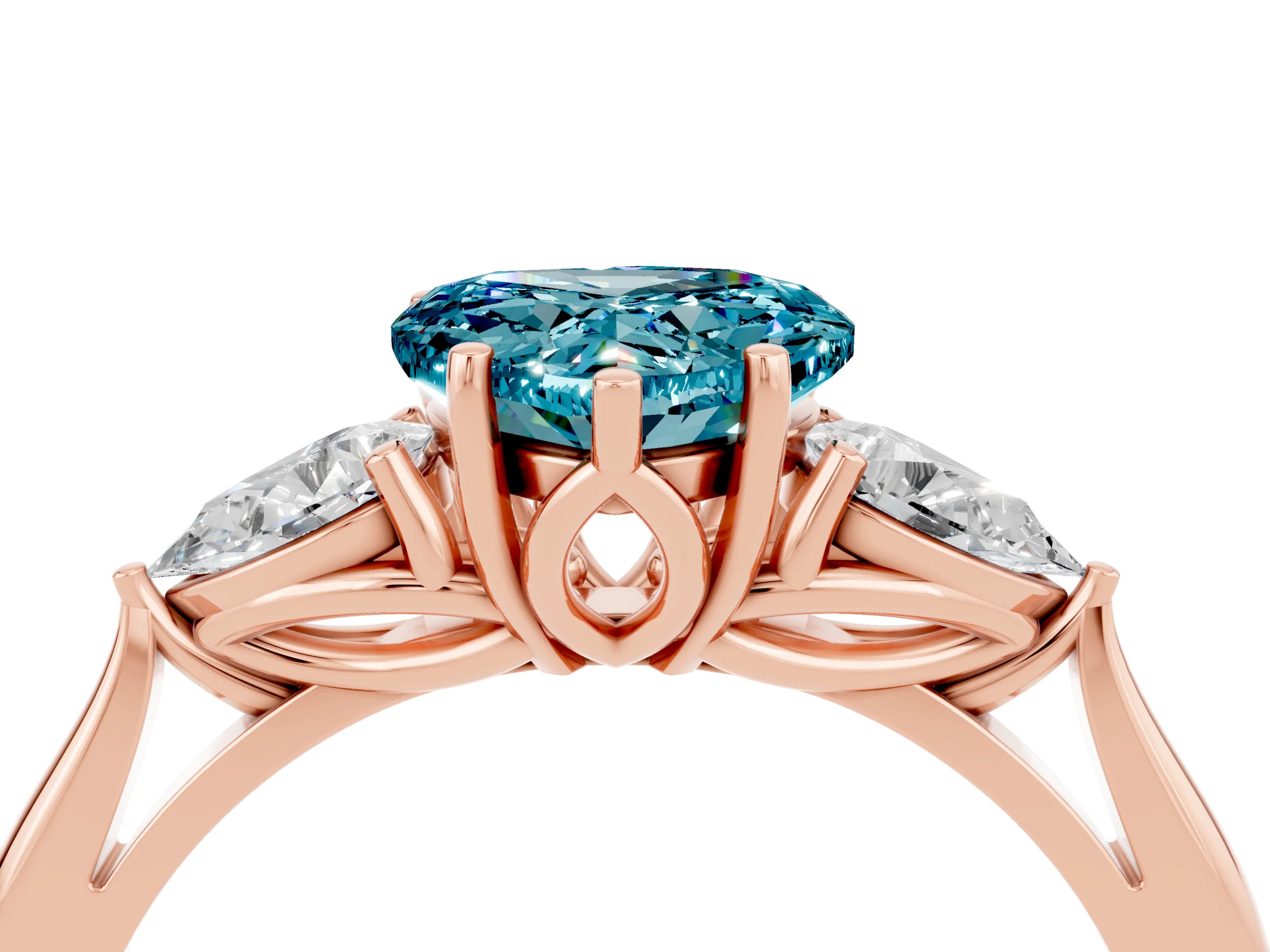 Rose gold Heart Cut Blue Topaz Three-Stone Ring with Pear Side Stones and Four-Prong Setting_16