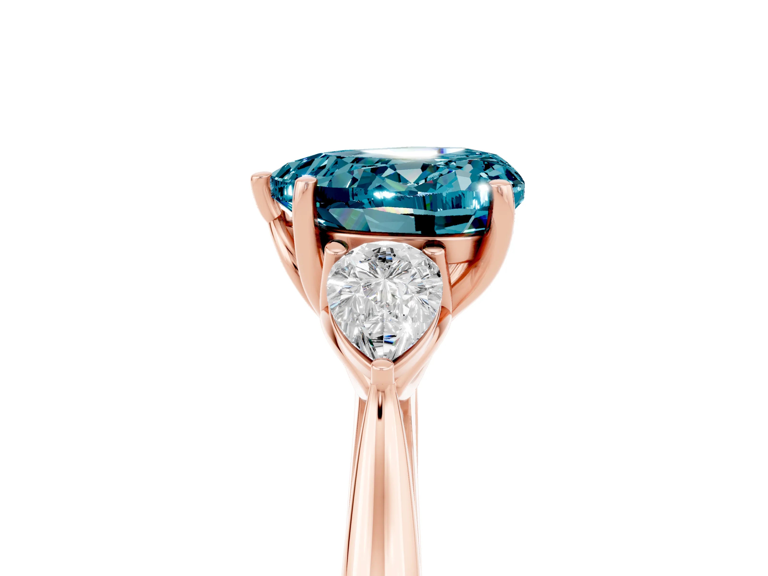 Rose gold Heart Cut Blue Topaz Three-Stone Ring with Pear Side Stones and Four-Prong Setting_17