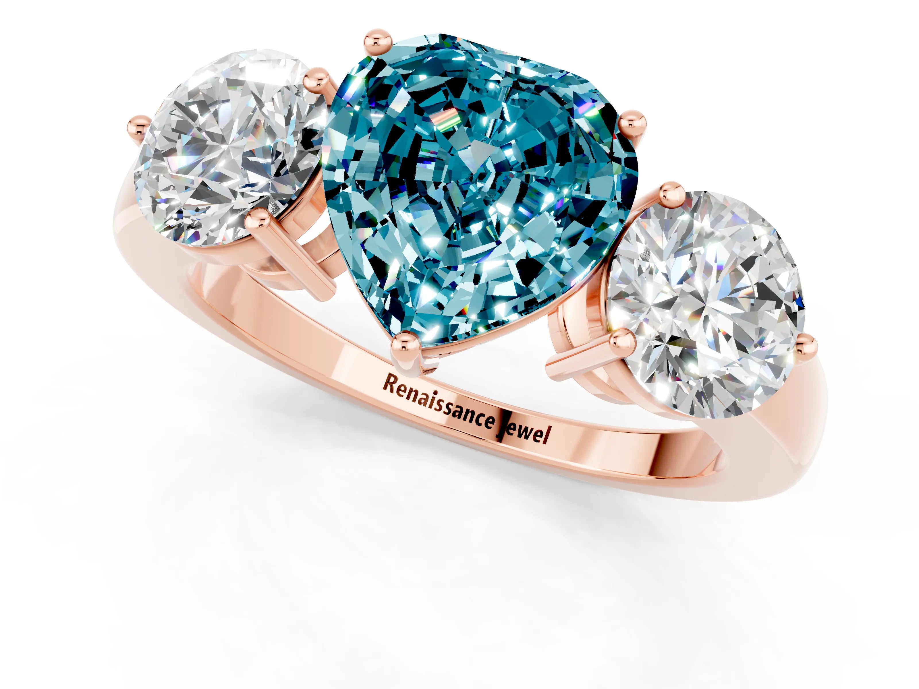 Rose gold Heart Cut Blue Topaz Three-Stone Ring with Prong Setting and Classic Band_1