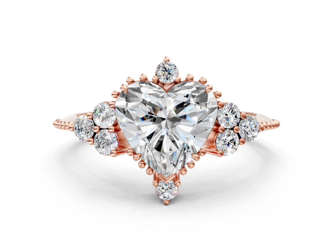 Rose gold Heart Cut Brilliant Diamond with Cluster Setting on a Beaded Band and Four-Prong Setting_15
