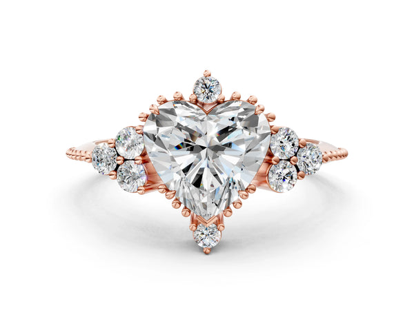 Rose gold Heart Cut Brilliant Diamond with Cluster Setting on a Beaded Band and Four-Prong Setting