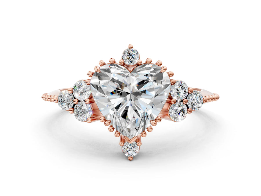 Rose gold Heart Cut Brilliant Diamond with Cluster Setting on a Beaded Band and Four-Prong Setting