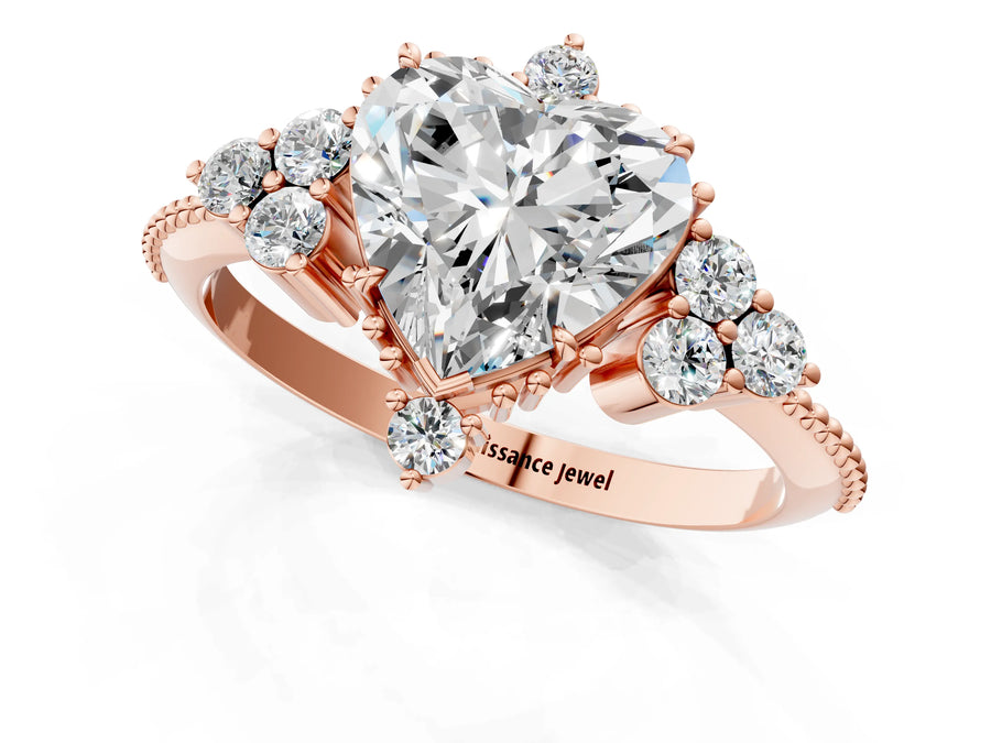 Rose gold Heart Cut Brilliant Diamond with Cluster Setting on a Beaded Band and Four-Prong Setting