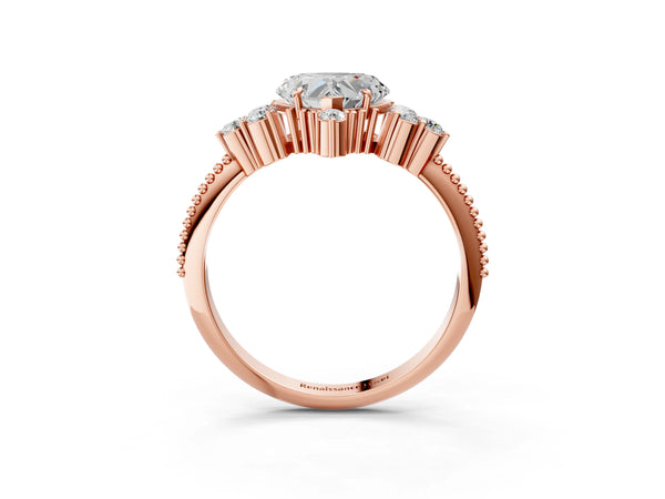 Rose gold Heart Cut Brilliant Diamond with Cluster Setting on a Beaded Band and Four-Prong Setting