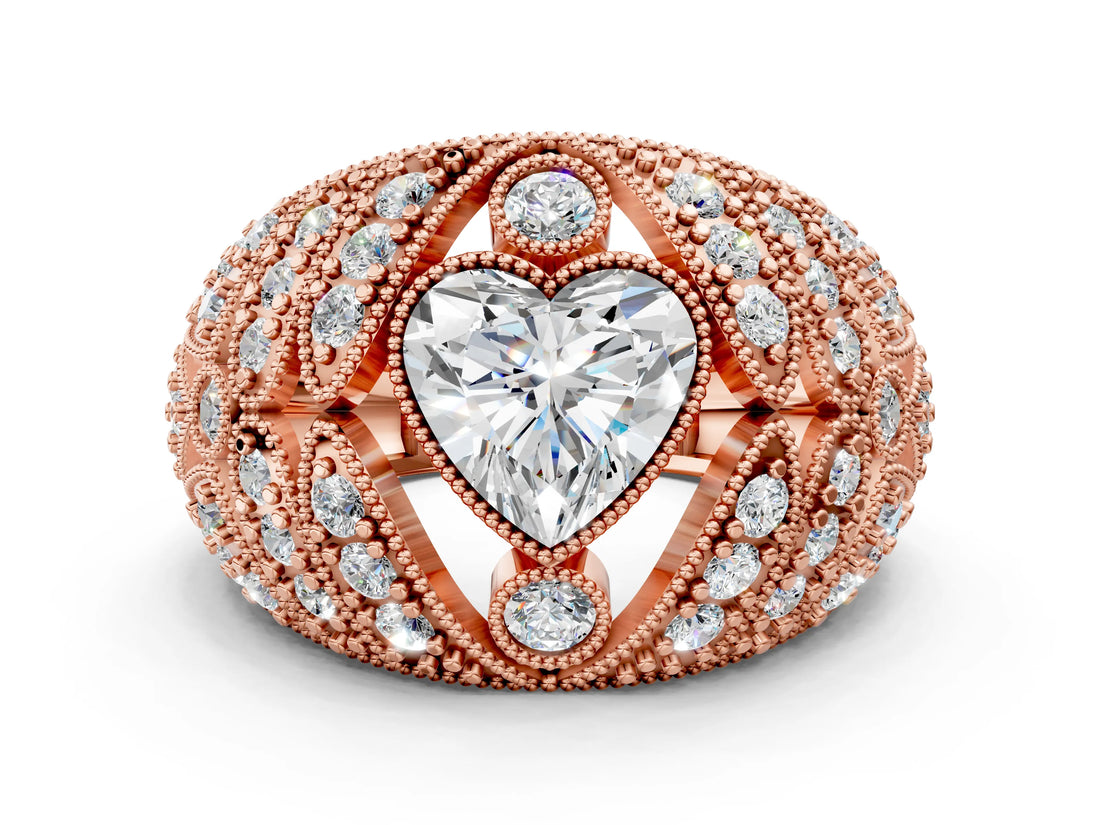 Rose gold Heart Cut Brilliant Halo Pave Diamond Milgrain Ring_9