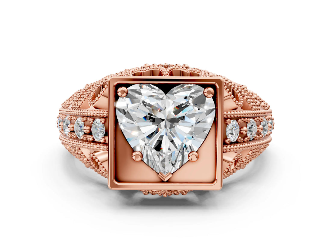 Rose gold Heart Cut Brilliant Milgrain Filigree Diamond Ring with Square Prong Setting_13