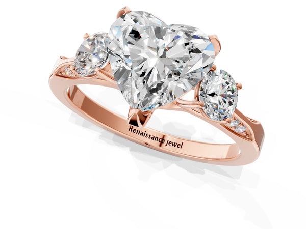 Rose gold Heart Cut Brilliant Three-Stone Diamond Ring with Pavé Band and Four-Prong Setting