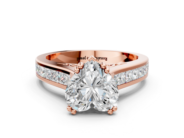 Rose Gold Heart-Shaped Channel Set Solitaire Engagement Ring Setting with Double Claw Prongs