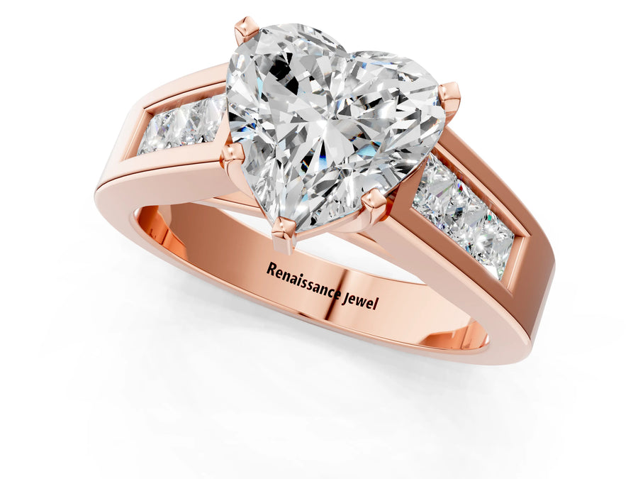 Rose gold Heart Cut Channel Set Solitaire Ring with Four-Prong Setting
