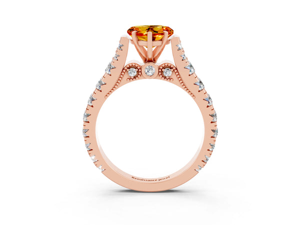 Rose gold Heart Cut Citrine Classic Solitaire Ring with Pavé Band and Four-Prong Setting