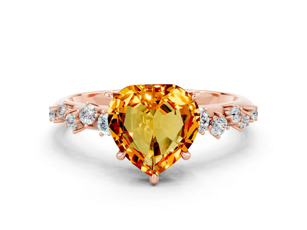 Rose gold Heart Cut Citrine Cluster Side Stone Solitaire Ring with Prong Setting