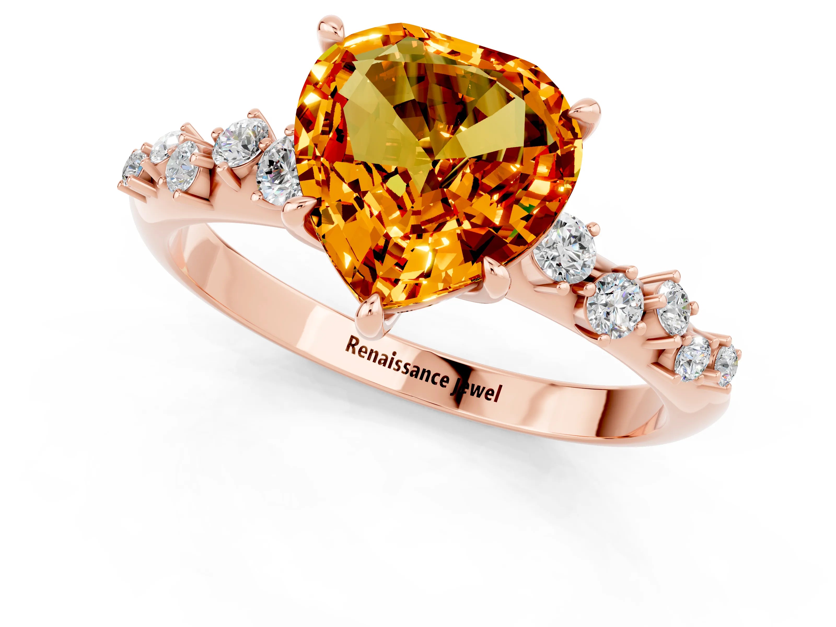 Rose gold Heart Cut Citrine Cluster Side Stone Solitaire Ring with Prong Setting_25
