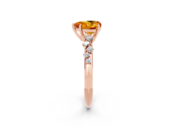 Rose gold Heart Cut Citrine Cluster Side Stone Solitaire Ring with Prong Setting
