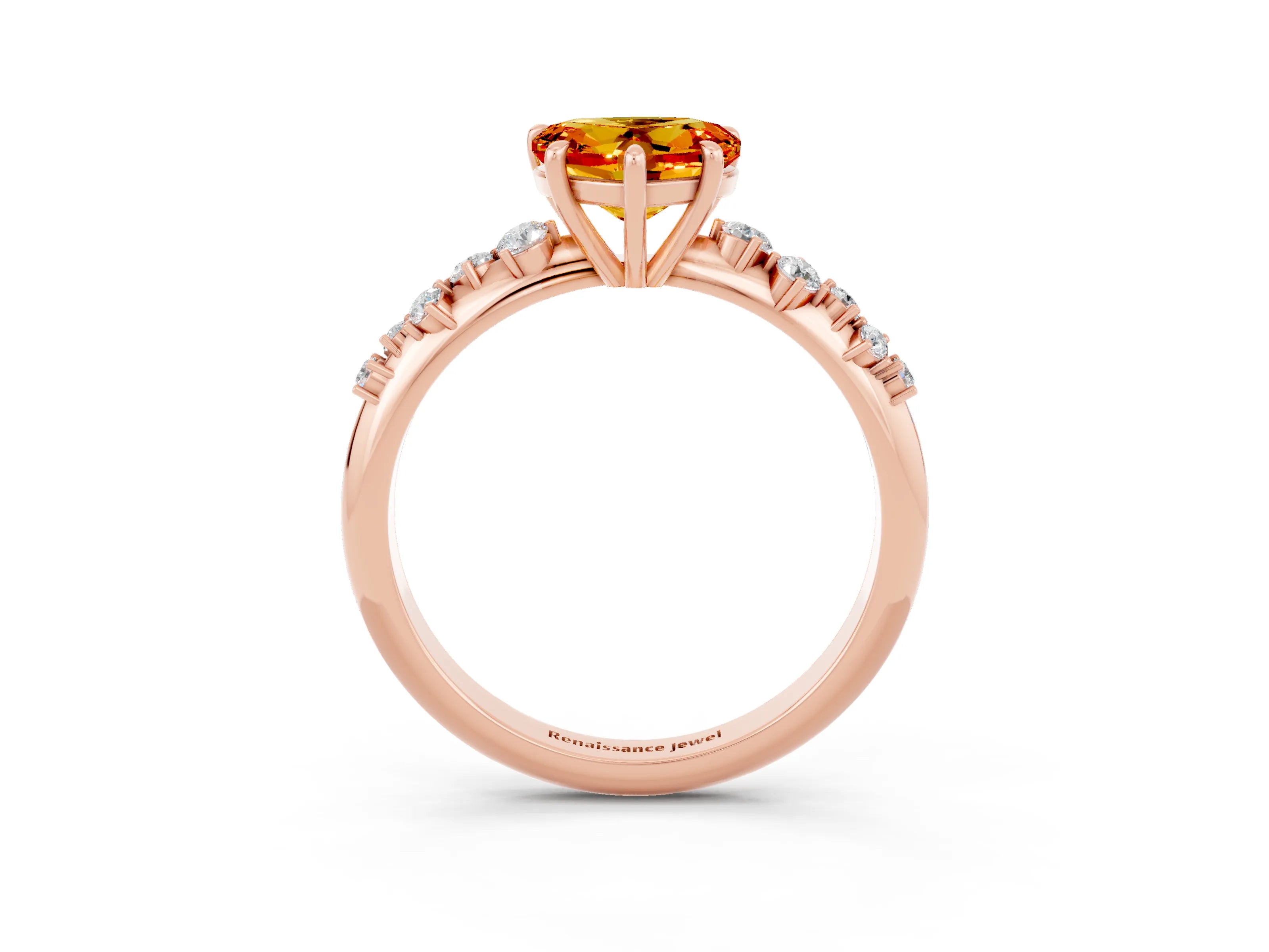 Rose gold Heart Cut Citrine Cluster Side Stone Solitaire Ring with Prong Setting_27