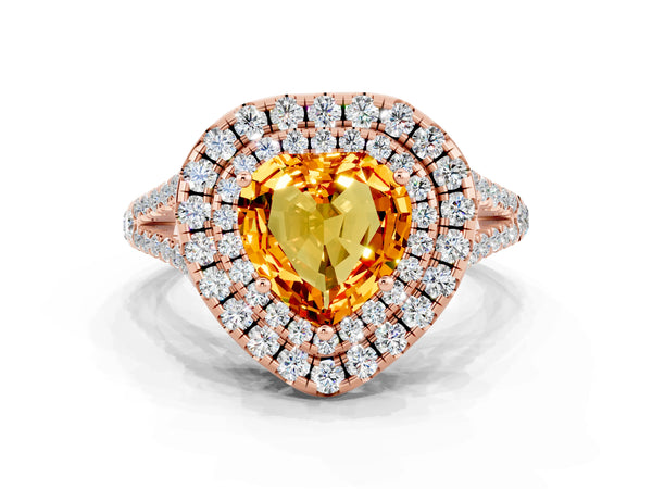 Rose gold Heart Cut Citrine Double Halo Ring with Pavé Band and Prong Setting
