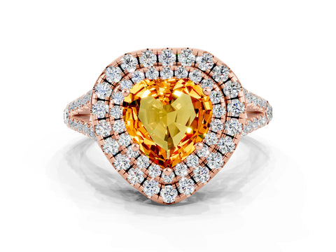 Rose gold Heart Cut Citrine Double Halo Ring with Pavé Band and Prong Setting_12