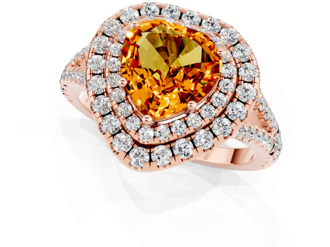Rose gold Heart Cut Citrine Double Halo Ring with Pavé Band and Prong Setting_13