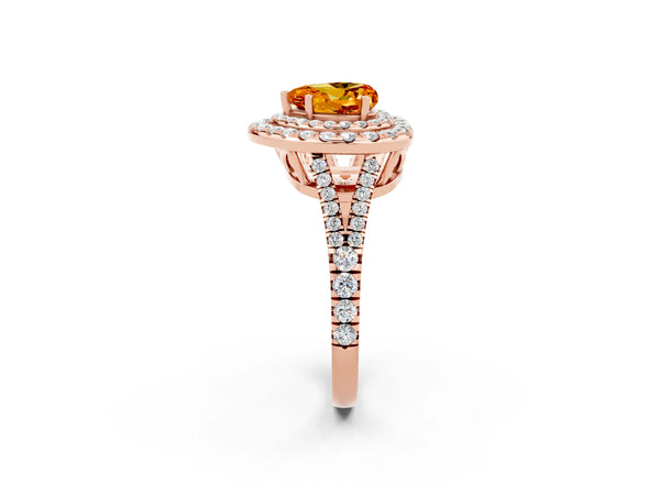 Rose gold Heart Cut Citrine Double Halo Ring with Pavé Band and Prong Setting