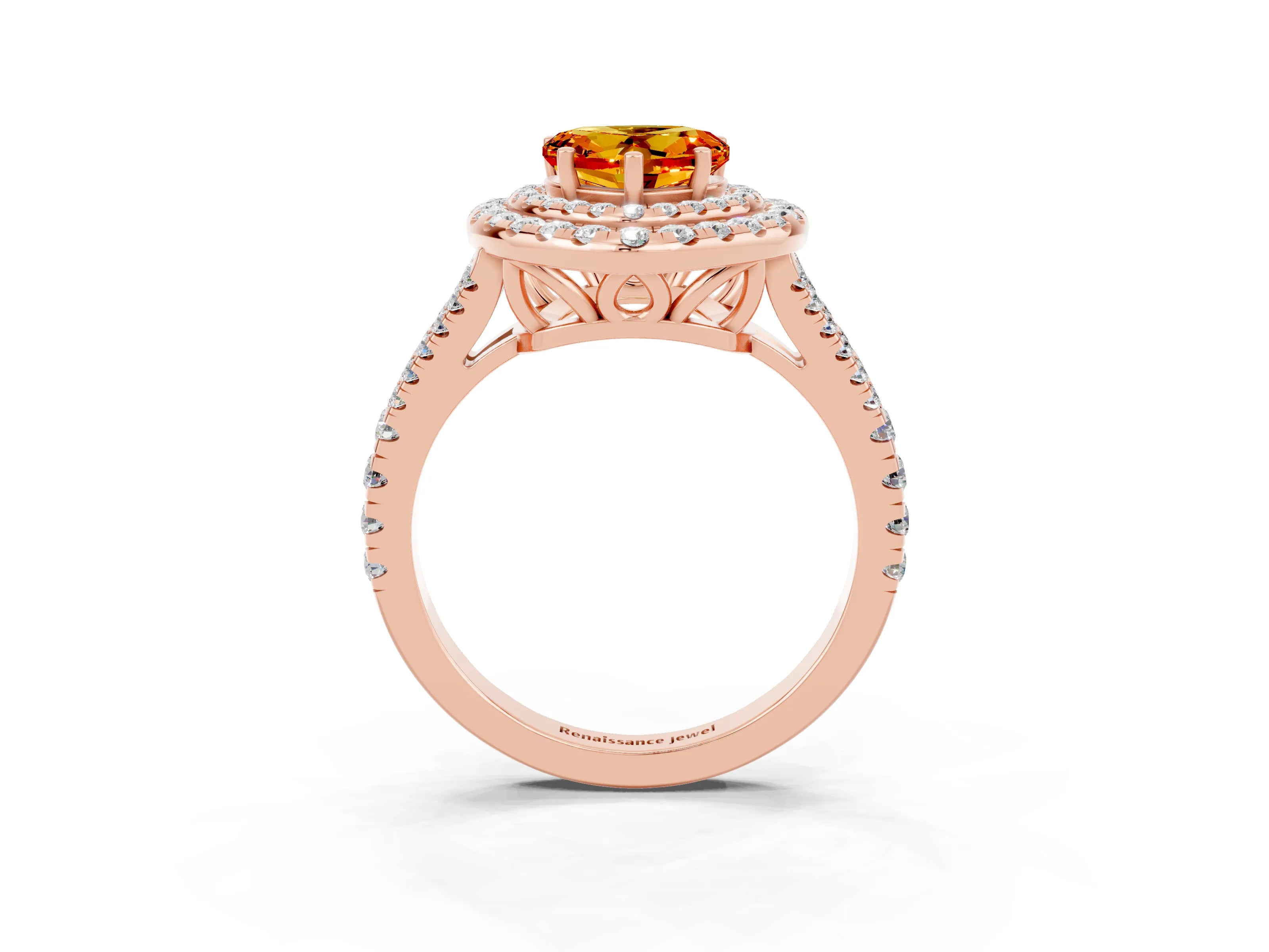 Rose gold Heart Cut Citrine Double Halo Ring with Pavé Band and Prong Setting_15