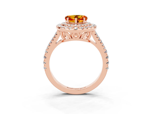 Rose gold Heart Cut Citrine Double Halo Ring with Pavé Band and Prong Setting
