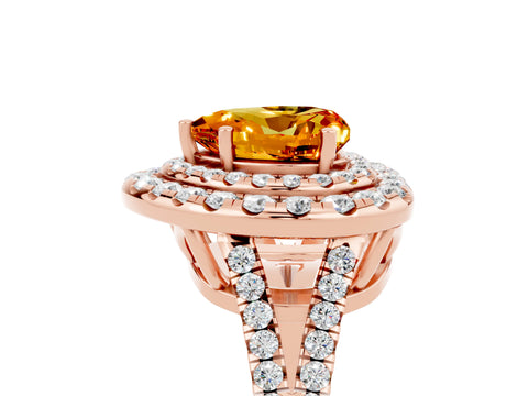 Rose gold Heart Cut Citrine Double Halo Ring with Pavé Band and Prong Setting_17