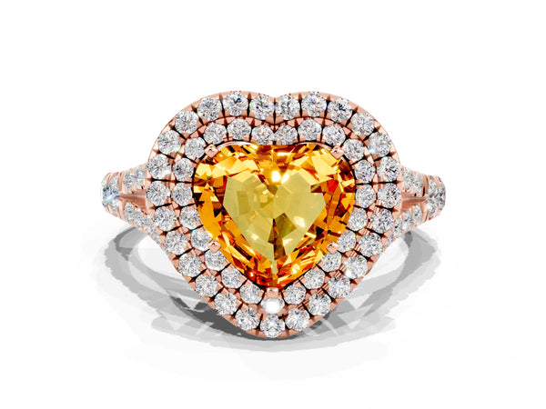 Rose gold Heart Cut Citrine Double Halo Ring with Split Shank and Prong Setting
