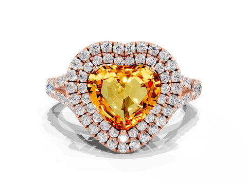 Rose gold Heart Cut Citrine Double Halo Ring with Split Shank and Prong Setting_12