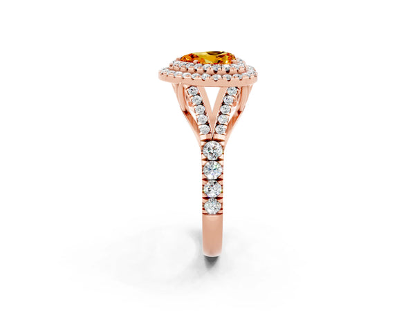 Rose gold Heart Cut Citrine Double Halo Ring with Split Shank and Prong Setting