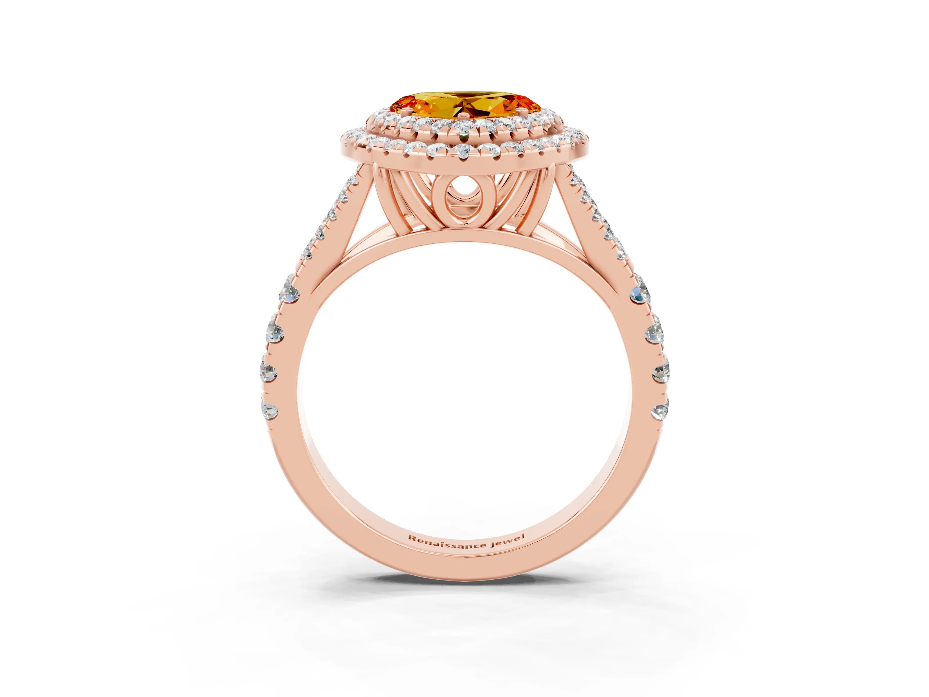 Rose gold Heart Cut Citrine Double Halo Ring with Split Shank and Prong Setting_15