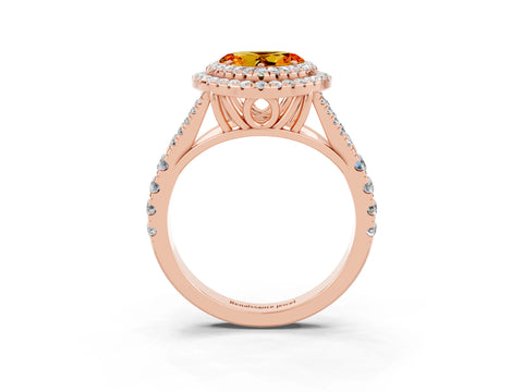 Rose gold Heart Cut Citrine Double Halo Ring with Split Shank and Prong Setting_15