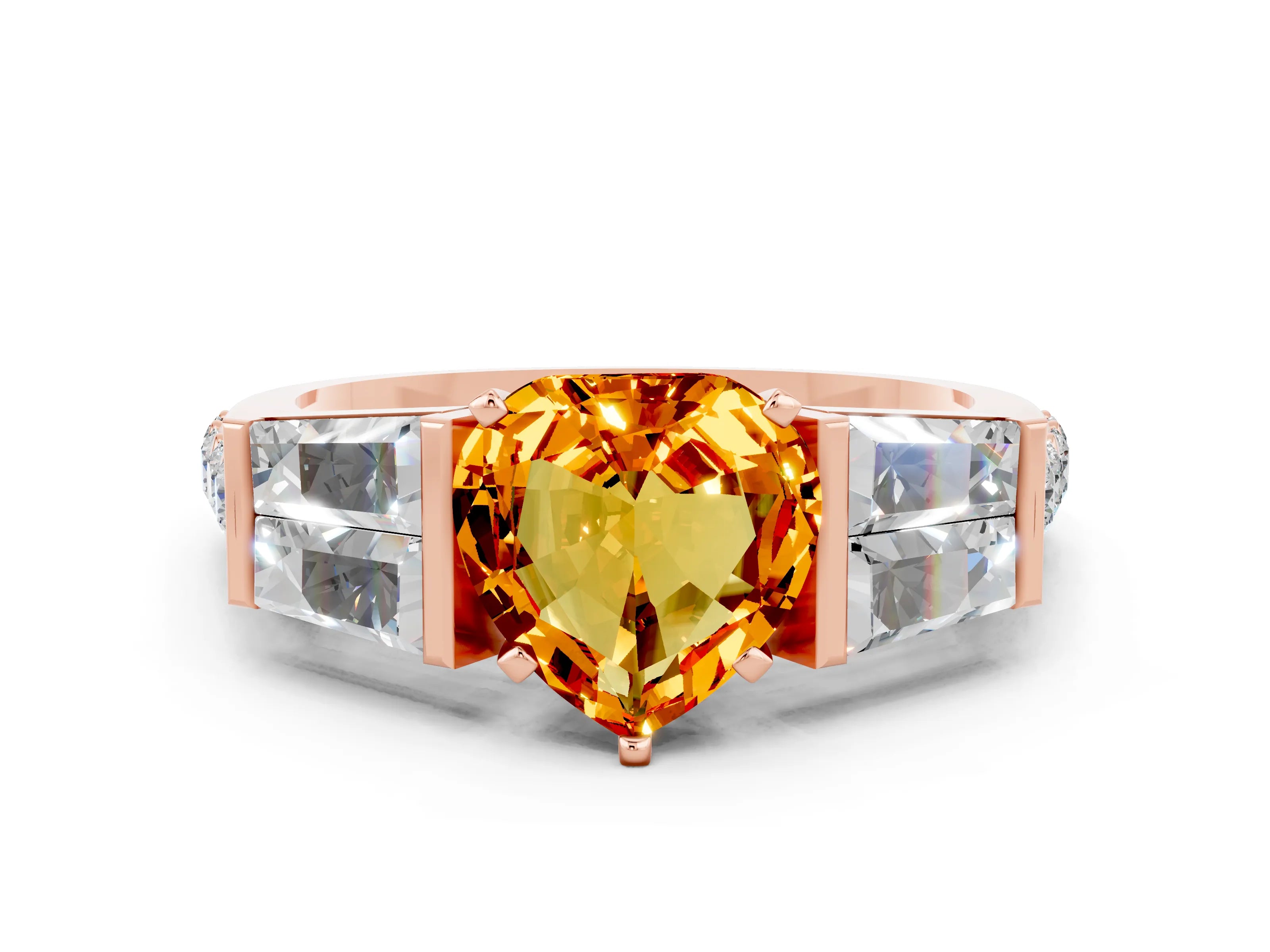 Rose gold Heart Cut Citrine Engagement Ring with Baguette Side Stones and Channel Set Band